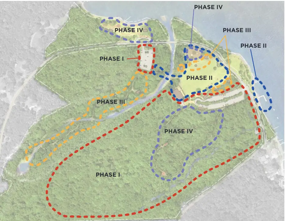 Draft conceptual plan map for Three Falls State Park showing four development phases across the former Camp Barton property